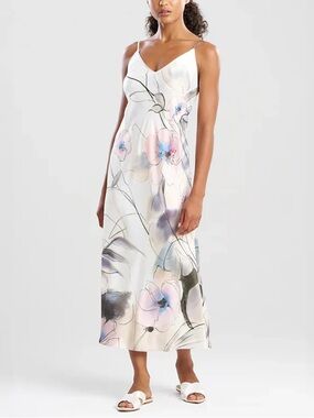 Natori White Satin Floral Slip Midi Dress with Pastel Accents